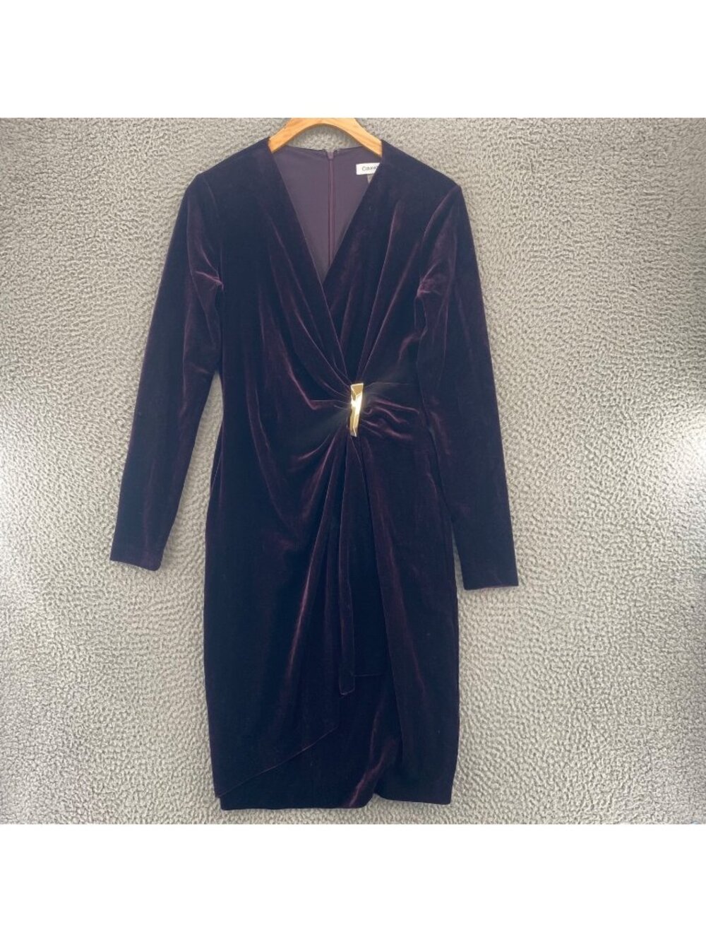 Calvin Klein Dress Womens 6 Purple Velveteen Mini Bodycon Long Sleeves Deep V